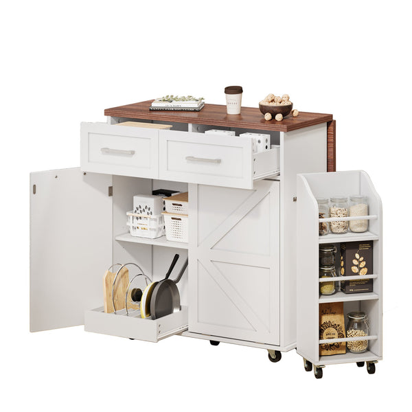 English Elm K&K 47.2" Farmhouse Kitchen Island with Drop Leaf, Removable Side Shelf, Trash Cabinet, Wheels White N707P307296W