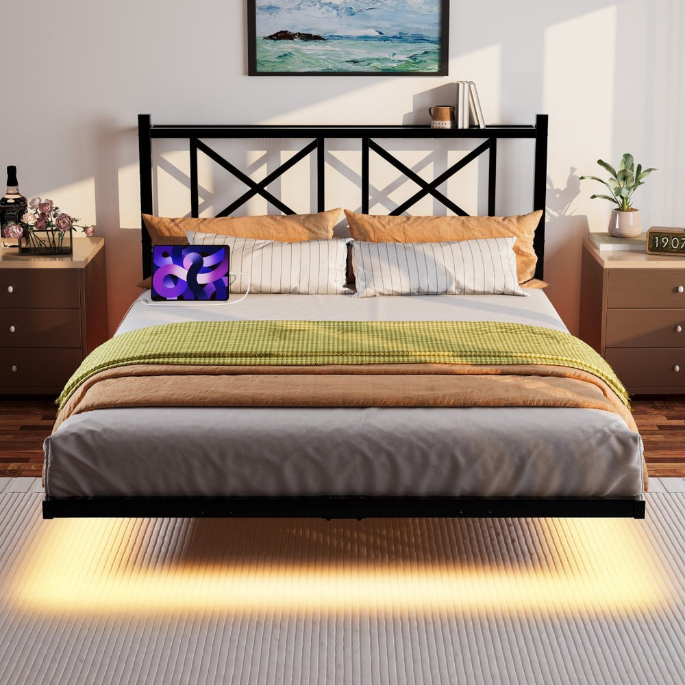 English Elm Queen Platform Bed with Rgb Led Underglow Storage Headboard and Usb Charging Ports W840P383354