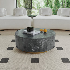 English Elm Tavola Round Coffee Table with Marble Pattern Top and Metal Legs, Two Drawers for Stylish Storage Grey B341P321161