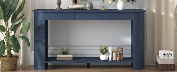 English Elm U_style Oak Veneer Console Table with 3 Drawers Open Shelf Entryway Hallway Storage Navy Blue N711P395523C