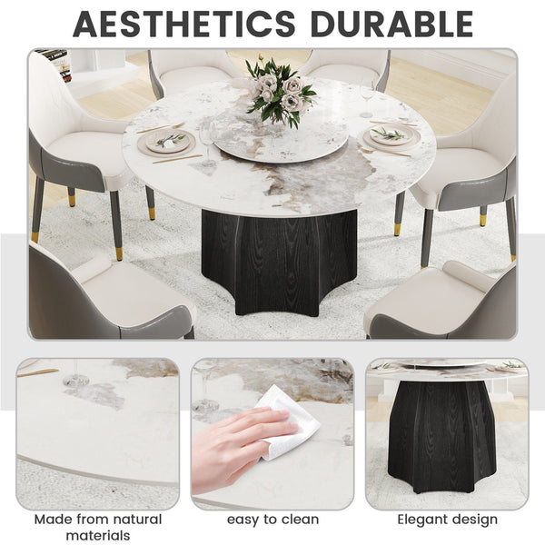 English Elm 53" Round Marble Dining Table With Rotating Turntable, Durable Solid Wood Base For 6 Guests W1535S00458