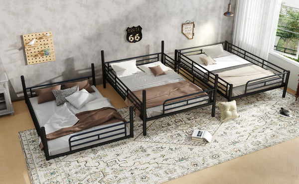 English Elm Twin Triple Metal Bunk Bed Matte Powder Coated Frame with Full Safety Guardrails Black W1580S00580