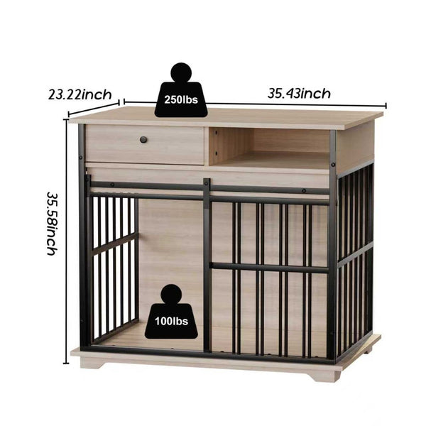 English Elm Dog Crate Furniture Wooden Kennel with Storage Drawer for Large Breeds Modern Farmhouse Black+Natural W420P302450