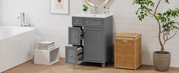 English Elm 24" Gray Bathroom Vanity Cabinet with Ceramic Sink, Soft-Close Door, 2 Drawers, Smart Storage, Durable Design N729P264336E