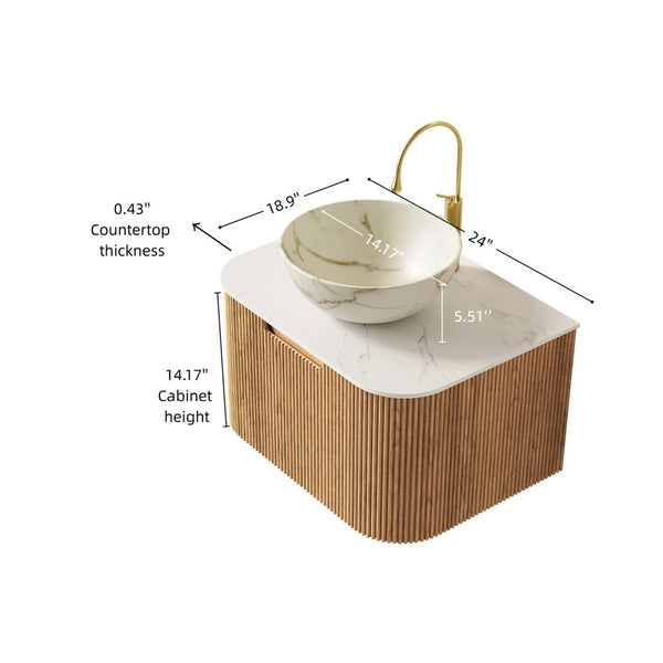 English Elm Dina Floating Bathroom Vanity with Sintered Stone Top and Crystal Glass Basin Carrara White,Natural Wood,Stone White W2615S00692