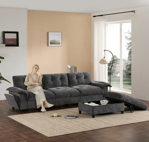 English Elm 104*60" Sectional Sofa with Hidden Ottoman Storage, Tufted Chenille, USB Ports, Cup Holder Dark Gray N723S9806E