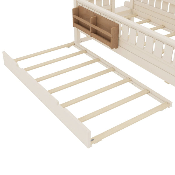 English Elm Twin Kids Platform Bed with Trundle Staircase Bookshelf and Rounded Safety Rails Beige W1580S00556