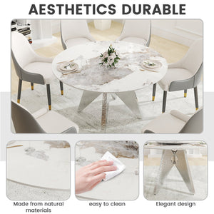 English Elm 53" Round Marble Dining Table - Sleek White Sintered Stone & Silver Stainless Base For 6 People Dining W1535S00461