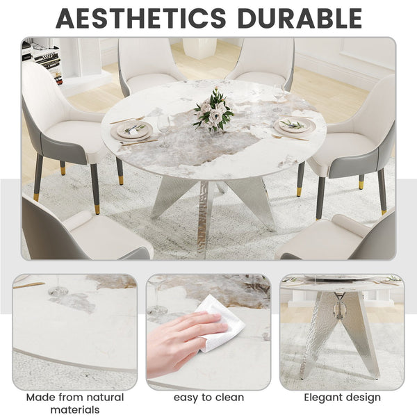 English Elm 53" Round Marble Dining Table - Sleek White Sintered Stone & Silver Stainless Base For 6 People Dining W1535S00461