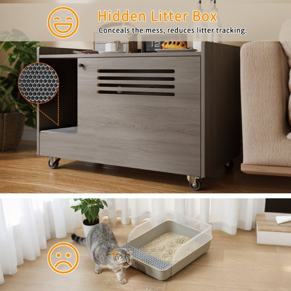 English Elm Gray Wooden Hidden Litter Box Cabinet with Ventilation Wheels and Side Table Top W3166P266403