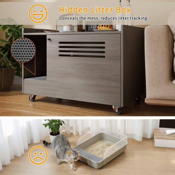 English Elm Gray Wooden Hidden Litter Box Cabinet with Ventilation Wheels and Side Table Top W3166P266403