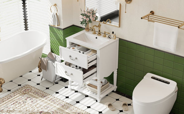English Elm 24'' Vintage Bathroom Vanity with Ceramic Sink Soft Close Drawers Open Shelf White N710P411237K