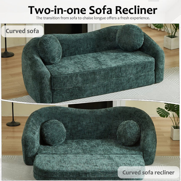 English Elm 86-inch Curved Chenille Convertible Sofa Recliner Frameless Folding Two-seater for Living Room Green W3505P452833