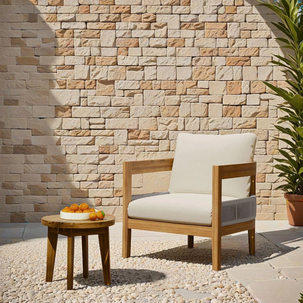 English Elm Christopher Knight Home® - Porto Acacia Outdoor Club Chair with Slatted Side Table, Weather-Resistant Rope Seating & Cushions Teak+ Beige N773OC00072B