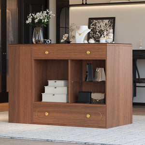 English Elm Closet Elegant walk-in island with glass display top, 6 drawers and open shelves for organized storage Walnut 39.76 L x 17.32 W x 12.2 H N733S304513D