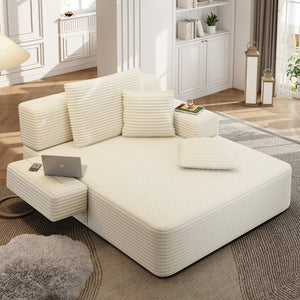 English Elm Luxurious Corduroy Convertible Chaise Lounge Sofa Bed with Foam Support for Apartments Beige W3219P449012