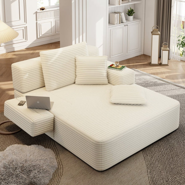 English Elm Luxurious Corduroy Convertible Chaise Lounge Sofa Bed with Foam Support for Apartments Beige W3219P449012