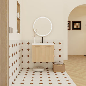 English Elm 24" Floating Oak Plywood Bathroom Vanity Set with Glossy Resin Sink Scandinavian Style W3450S00068