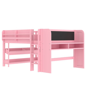 English Elm Twin Low Loft Bed Solid Pine Frame Kids Study Desk Blackboard Storage White Pink W1580S00300
