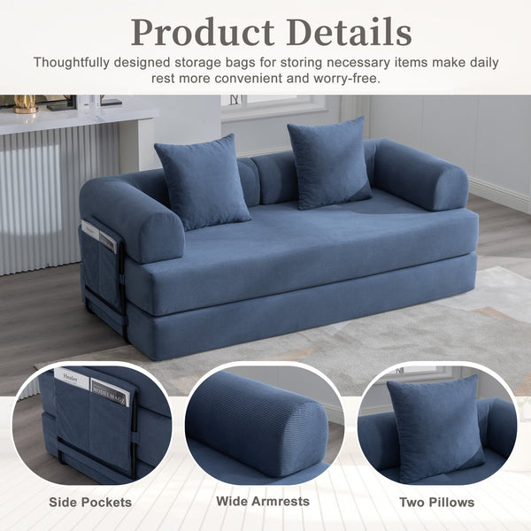 English Elm UNITED modular foldable sofa with metal frame, corduroy upholstery, side pocket & quick assembly convenience Navy W1568P375644