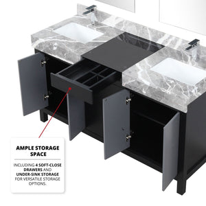English Elm Black Double Bath Vanity 60" With Castle Grey Marble Top, Chrome Faucets & 28" Mirrors For Modern Spaces B2731S01156