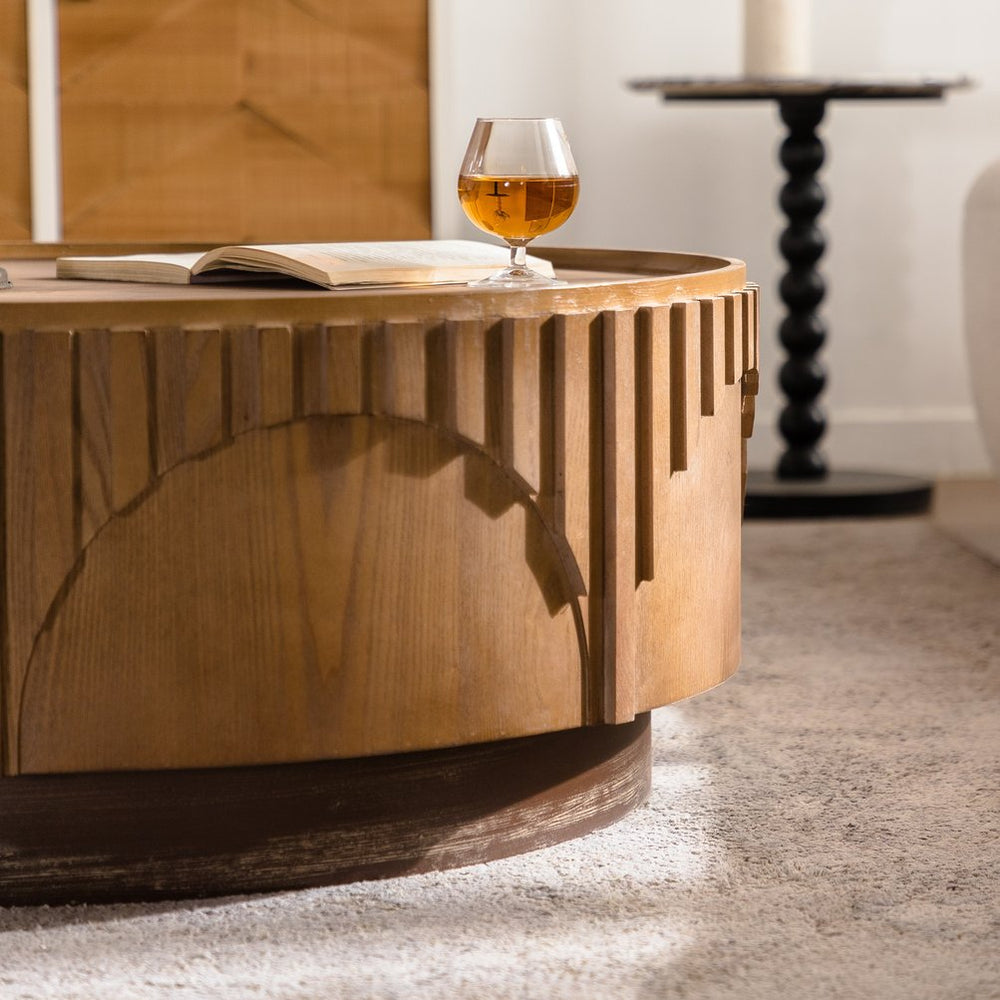 English Elm Coffee Round Wood Mushroom Coffee Table with Fluted Pedestal Solid Wood Veneer Modern 39" D Living Room W3158P323243