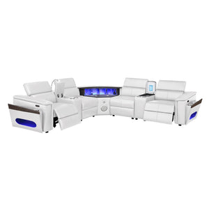 English Elm Nova Tech Sectional with Led Bar Bluetooth Speakers Power Recliners and Freezer Console White B009S02171