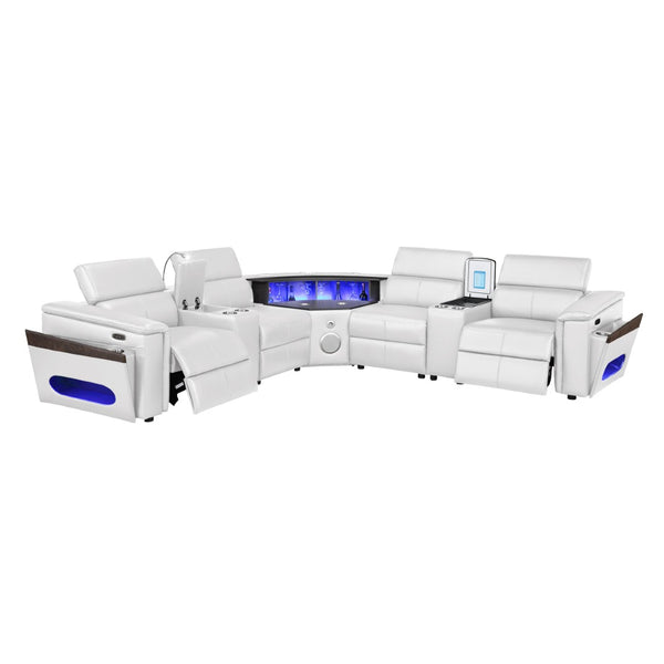 English Elm Nova Tech Sectional with Led Bar Bluetooth Speakers Power Recliners and Freezer Console White B009S02171