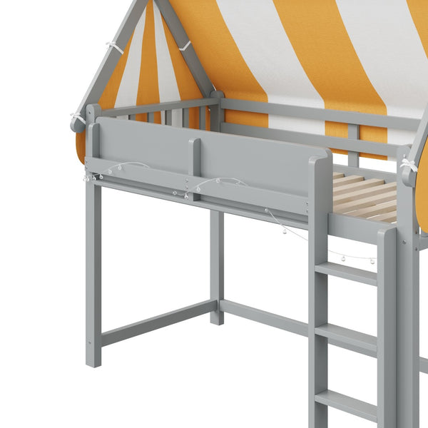 English Elm Full Size Solid Wood Loft Bed with Canopy Led Lighting and Integrated Bookshelf Gray N7090002242E