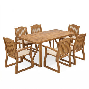 English Elm 7 Piece Solid Acacia Outdoor Dining Set Teak Finish Six Chairs Cream Cushions Patio N762S000046AAA