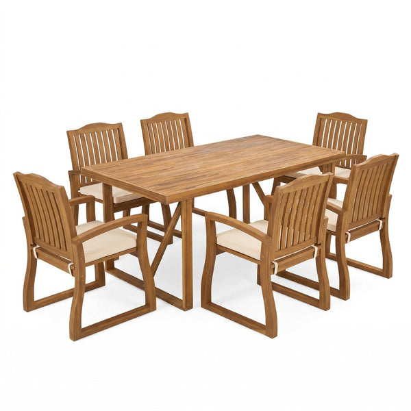 English Elm 7 Piece Solid Acacia Outdoor Dining Set Teak Finish Six Chairs Cream Cushions Patio N762S000046AAA