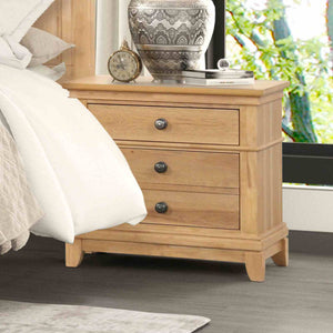 English Elm Farmhouse Natural Oak Nightstand with Felt-Lined Top Drawer, Dovetail Pecan Veneer 3-Drawer Table B2741P406814