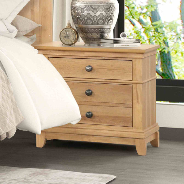 English Elm Farmhouse Natural Oak Nightstand with Felt-Lined Top Drawer, Dovetail Pecan Veneer 3-Drawer Table B2741P406814