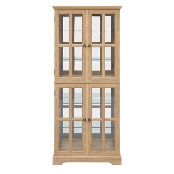 English Elm Curio Clear Glass Display Cabinet with Lattice Doors, Adjustable Shelves, E26 Bulb Included, Vintage Chic Oak W2275P231686