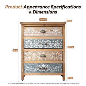 English Elm Vintage Bohemian Four Drawer Chest Distressed Solid Wood Floral Scroll Bedroom Storage W2295P414113