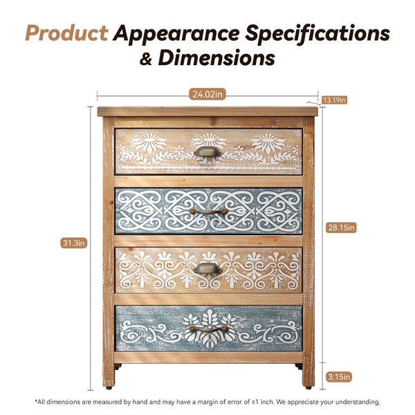 English Elm Vintage Bohemian Four Drawer Chest Distressed Solid Wood Floral Scroll Bedroom Storage W2295P414113