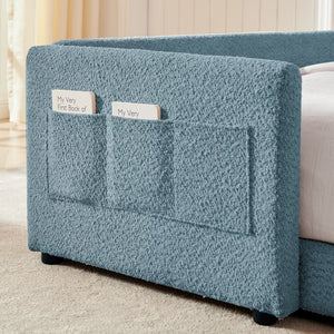 English Elm Full Size Boucle Platform Bed Whimsical Rabbit Ear Headboard with Safety Rail Sky Blue W1413S00137