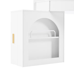 English Elm Corner Makeup Vanity Desk with 360° Rotating LED Mirror, Adjustable Brightness, L-Shaped Corner Design and Pull-Out Storage for Small Spaces White N844P263663A