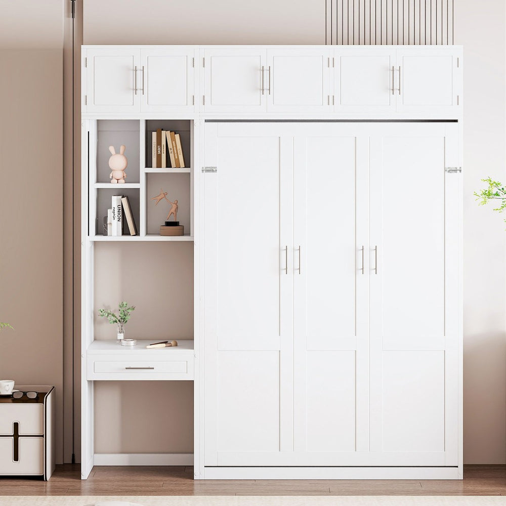 English Elm Full Size Murphy Wall Bed with Fold Away Desk Cabinet and Shelves for Small Spaces N708S00020K-1