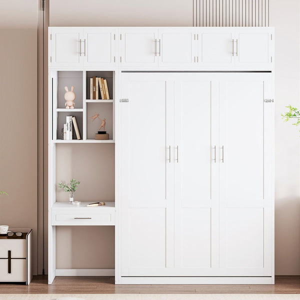 English Elm Full Size Murphy Wall Bed with Fold Away Desk Cabinet and Shelves for Small Spaces N708S00020K-1