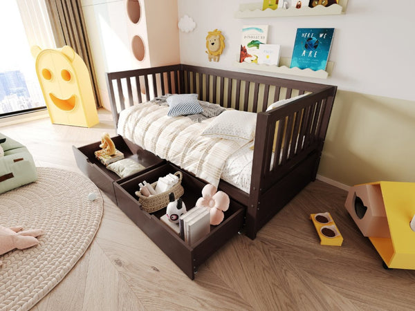 English Elm Convertible Toddler Daybed Solid Pine Kids Bed with Storage Drawers and Removable Rails Espresso N899P429848N