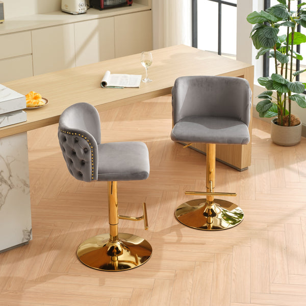 English Elm A&A Velvet Tufted Swivel Barstool with Ergonomic Back and Gold-Plated 17.7" Base, Set of 2 Gray W1143P204046