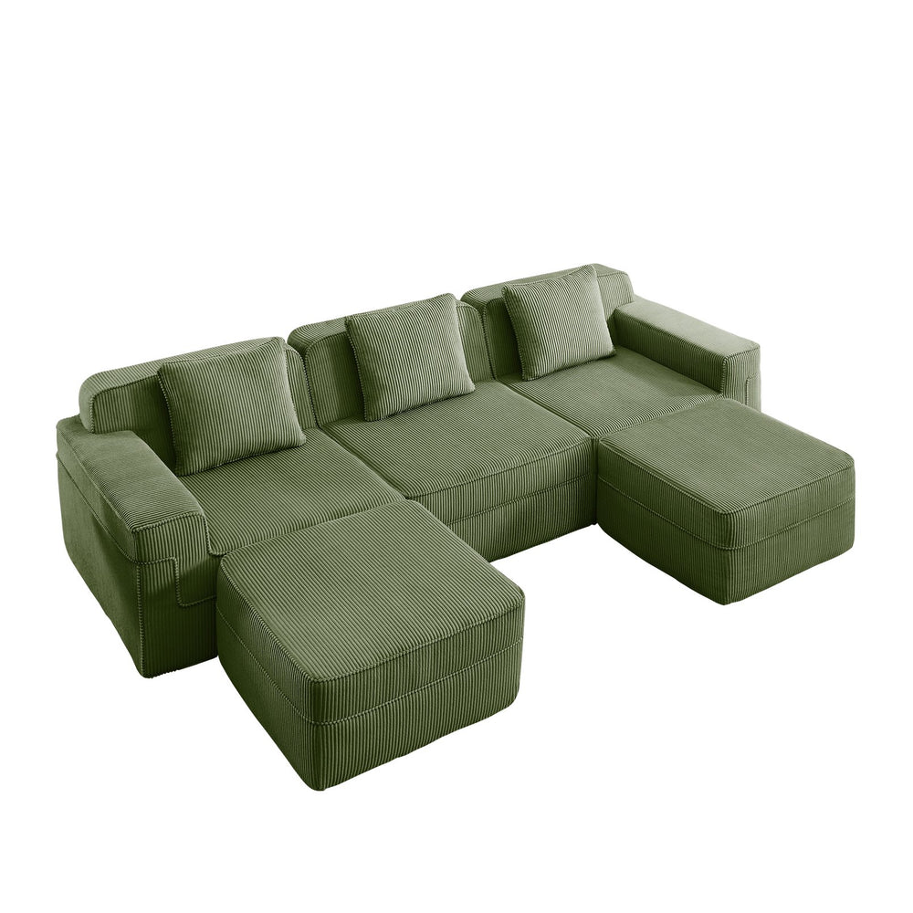 English Elm Modular U-Shape Sectional Sofa With Plush Corduroy Upholstery, Movable Ottomans & Cozy Pillows W3041S00333