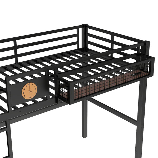 English Elm Twin Xl Solid Pine Loft Bed with Built-in Led Lighting and Storage Shelves W1580S00374