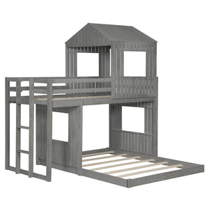 English Elm Wooden Twin Over Full Bunk Bed Farmhouse Playhouse Design with Ladder Guardrails LT000327AAE-1