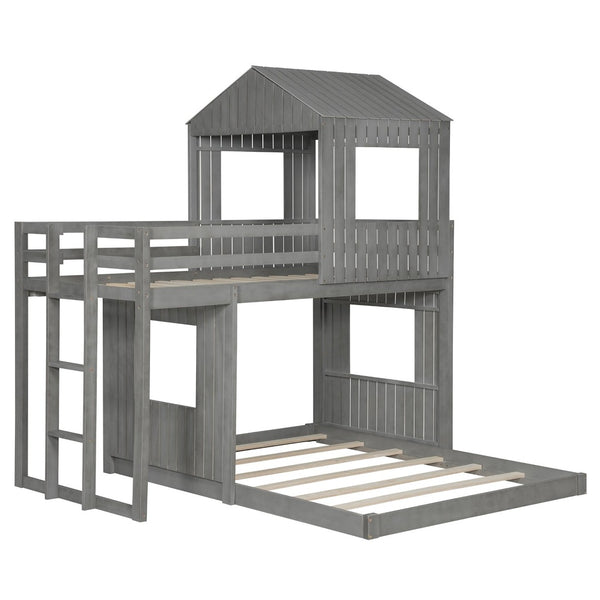 English Elm Wooden Twin Over Full Bunk Bed Farmhouse Playhouse Design with Ladder Guardrails LT000327AAE-1