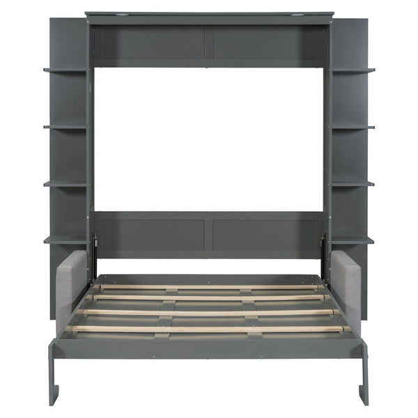 English Elm Queen Murphy Bed with Integrated Sofa Space Saving Fold Down Cabinet for Studio Living Gray LP000591AAE-1
