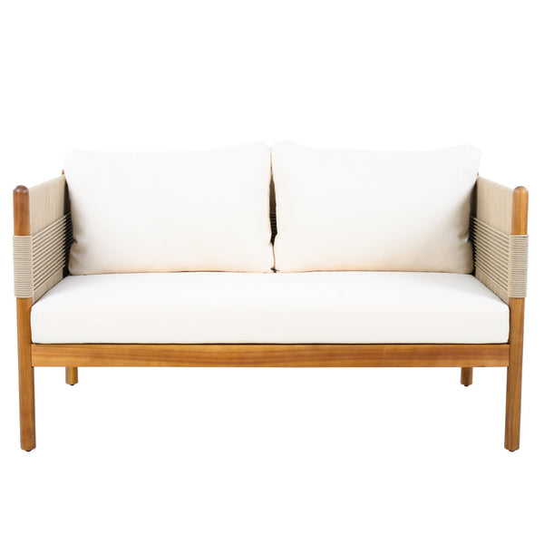 English Elm Outdoor Acacia Wood Loveseat Handwoven Rope Weave Patio Seating with Cushions Beige,Cream,Teak N768P361444T