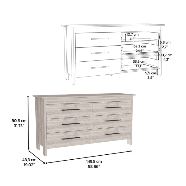 English Elm Double Six-Drawer Dresser with Metal Gliders and Pulls, Engineered Wood, Compact 31.7" Height Light Gray 35 L x 22 W x 7 H B097S00103