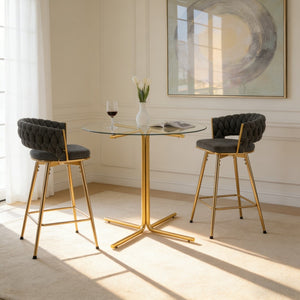 English Elm 2-person Tempered Glass Bar Table Set with Swivel Upholstered Chairs for Kitchen Dining Dark Gray,Gold,Transparent W2920S00120